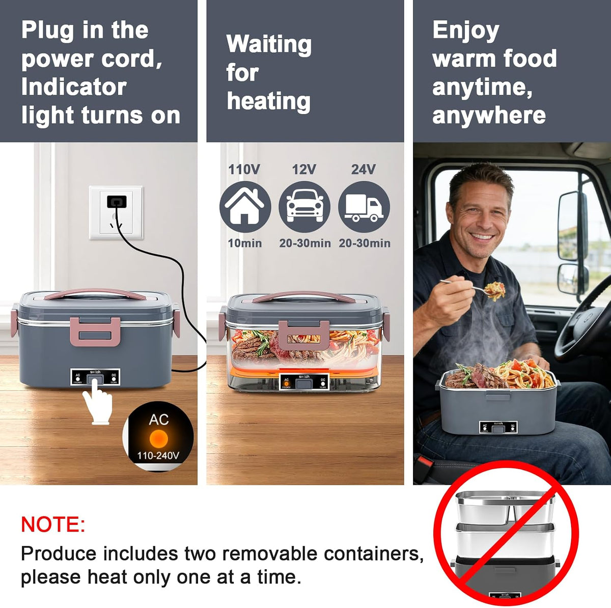 Electric Lunch Box for Adults, 1.8L 100W Heating Lunch Box for Men