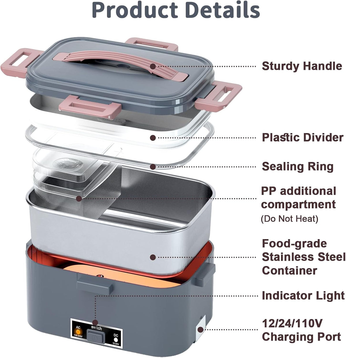 Electric Lunch Box for Adults, 1.8L 100W Heating Lunch Box for Men